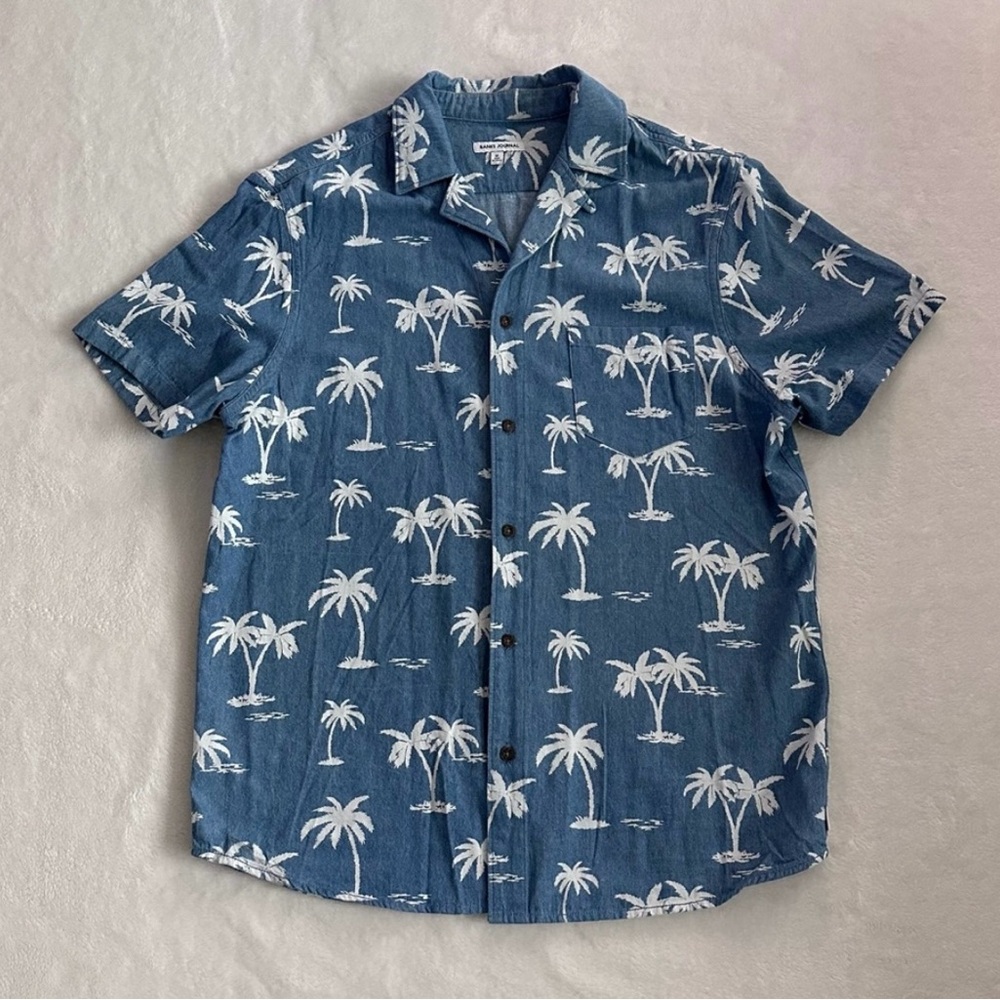 Banks Journal Men's Tropical Coconut Tree Button Down Casual Shirts in Blue